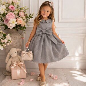 Manila Grace Girls Crystal Stud Bow Dress NWT Gray Peter Pan Collar 4A